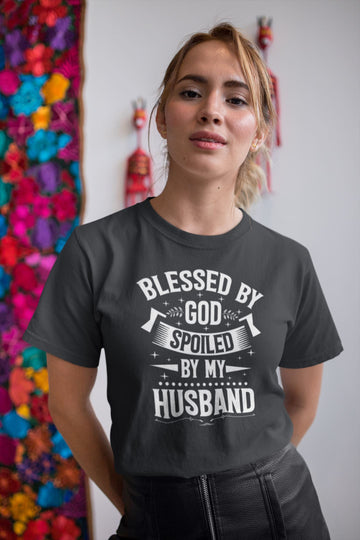 Blessed by God and Spoiled By My Husband Design 2 Special Black T Shirt for Women