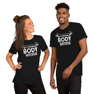 A Strong Body is Not Made in Comfort Exclusive Black Gym-wear T Shirt for Men and Women