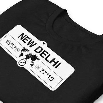 New Delhi World Map Coordinate Official Black T Shirt for Delhite Men and Women