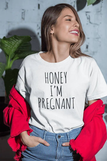 Honey I am  Exclusive  T Shirt for Women | Premium Design | Catch My Drift India - Catch My Drift India  clothing, expecting mom, father, made in india, mom, mother, parents, pregnancy, pregn
