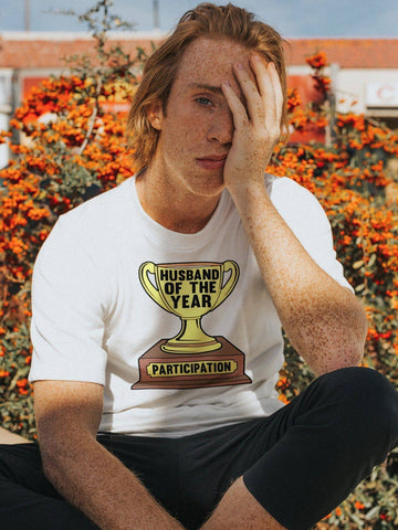 Husband of the Year Participation Trophy Funny White T Shirt for Men - Catch My Drift India  clothing, couples, funny, hubby, made in india, marriage, married, parents, shirt, t shirt, tshirt