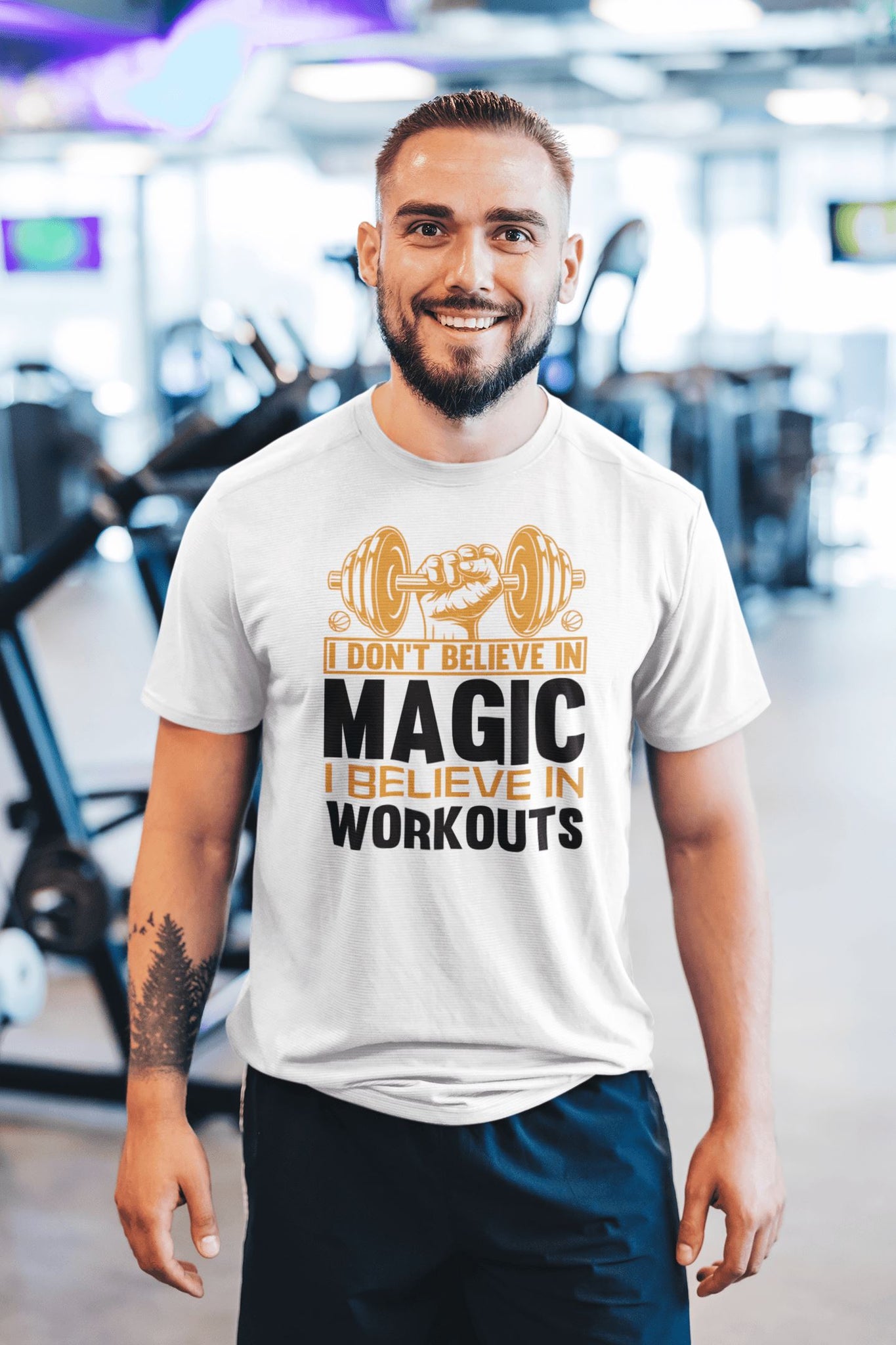 I Don't Believe in Magic I Believe in Workouts Exclusive White T Shirt for Men and Women - Catch My Drift India  activewear, clothing, general, gym, made in india, motivation, shirt, t shirt,