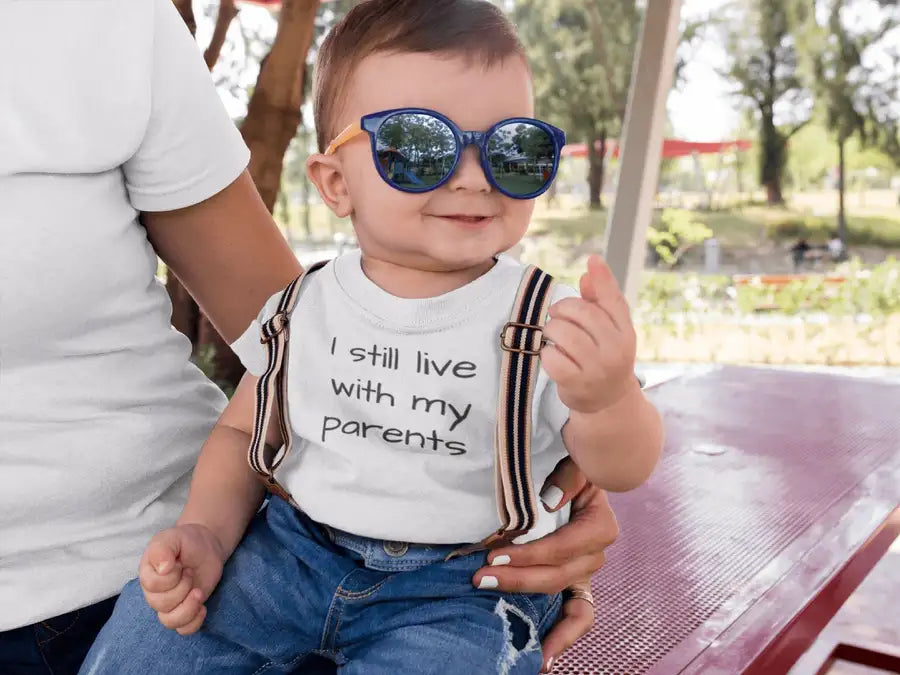 I Still Live with My Parents Funny T Shirt for New Born Babies | Premium Design | Catch My Drift India - Catch My Drift India Clothing babies, baby, kids, onesie, onesies, toddlers