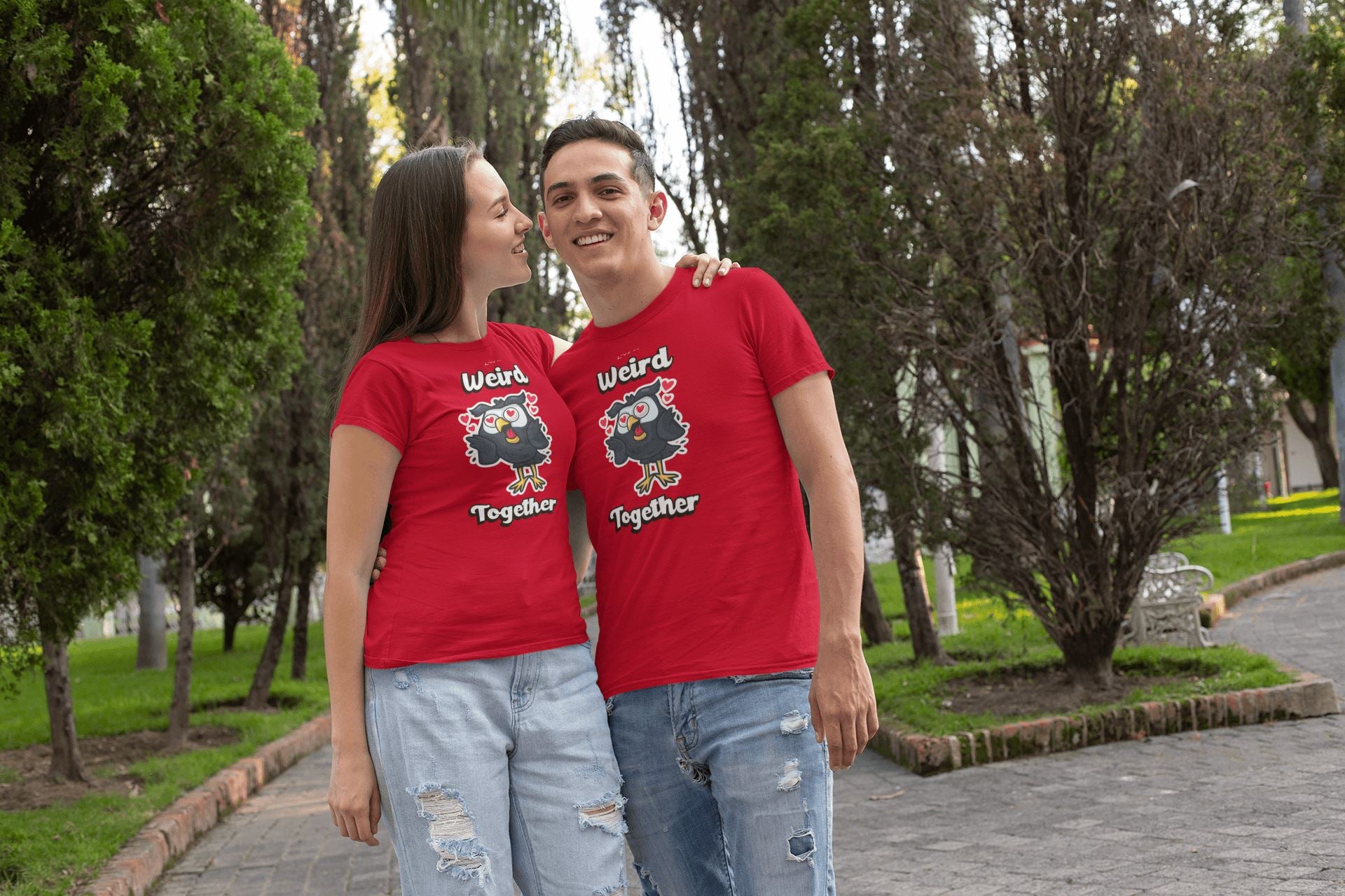 Lets Be Weird Together Funky Ullu Red T Shirt for Couples | Premium Design | Catch My Drift India - Catch My Drift India  clothing, couples, female, friends, made in india, red, shirt, t shir