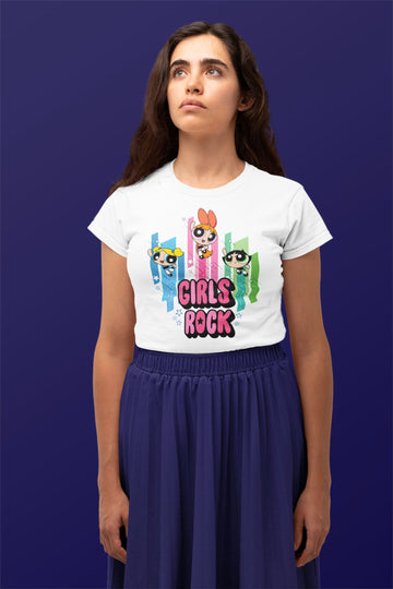 Powerpuff Girls Rock (Blossom, Buttercup and Bubbles) Official White T Shirt for Women