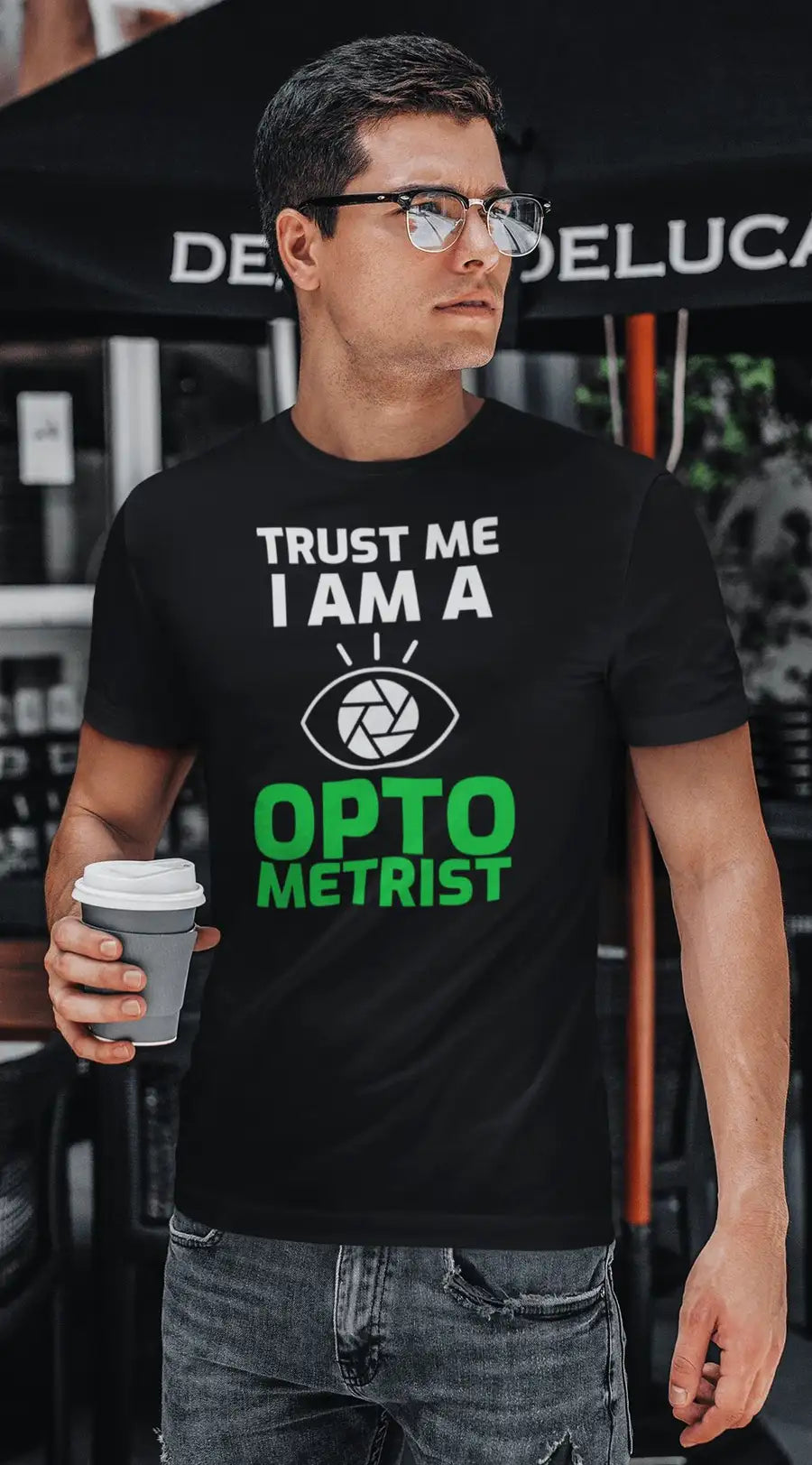 Optometrist "Trust Me" Black T-Shirt | Premium Design | Catch My Drift India - Catch My Drift India Clothing black, clothing, doctor, made in india, optometrist, shirt, t shirt, tshirt