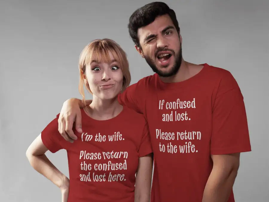 Please Return to Wife Funny T Shirt for Couples (Male Version) | Premium Design | Catch My Drift India - Catch My Drift India Clothing clothing, couples, made in india, married, parents, red,