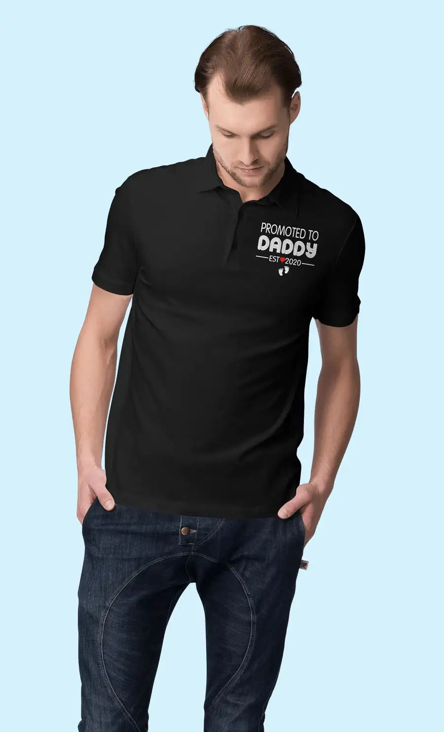 Promoted to Daddy Polo T Shirt for Men | Premium Design | Catch My Drift India - Catch My Drift India  black, clothing, dad, made in india, parents, polo, shirt, t shirt, tshirt