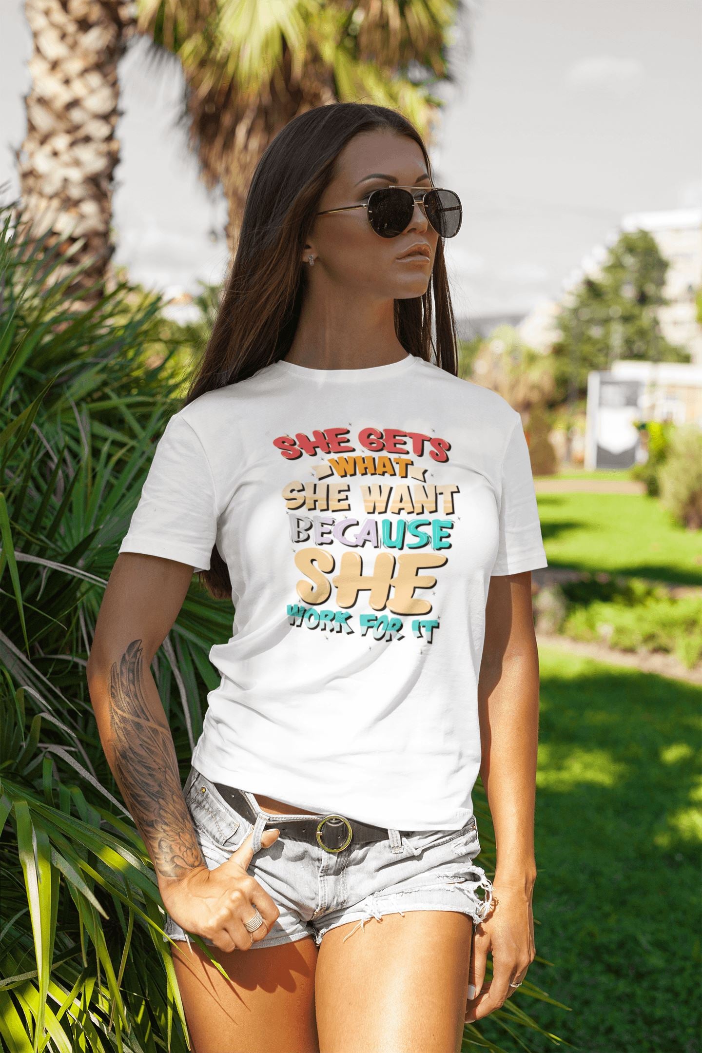 She Gets What She Wants Because She Works for It Special Long T Shirt for Women - Catch My Drift India  clothing, female, general, gym, made in india, motivation, shirt, t shirt, tshirt, whit