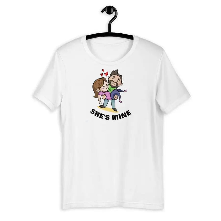 She's Mine White T Shirt for Couples | Premium Design | Catch My Drift India - Catch My Drift India  clothing, couples, funny, made in india, shirt, t shirt, trending, tshirt, white
