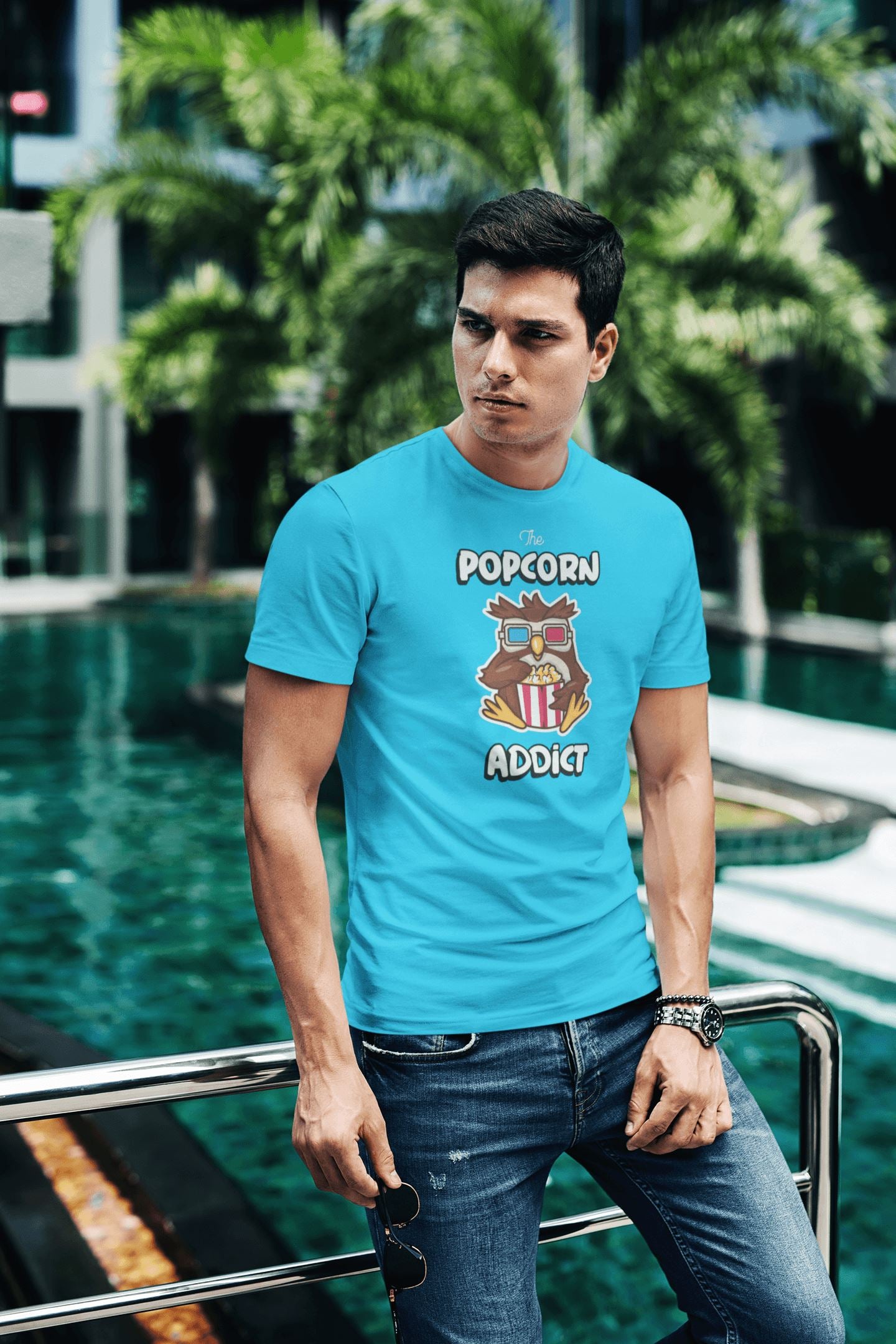 The Popcorn Addict Funky Ullu Blue T Shirt for Men and Women | Premium Design | Catch My Drift India - Catch My Drift India  blue, clothing, female, funny, general, made in india, shirt, t sh